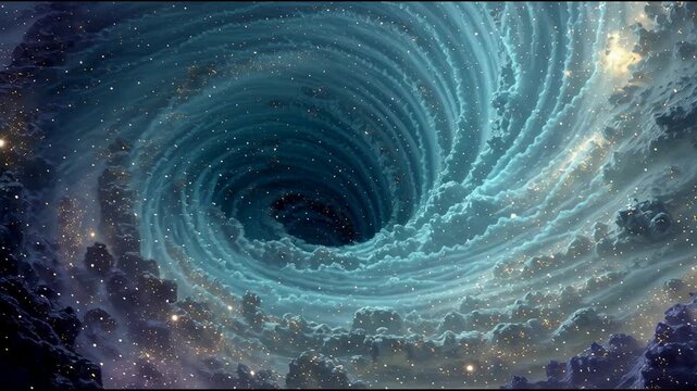 Cosmic wormhole swirling through deep space, glowing galactic vortex with millions of stars and nebula clouds in surreal sci-fi style