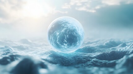 a landscape with an otherworldly feel, dominated by hues of blue and white
