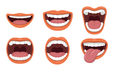 Cartoon Mouth Expressions Set Open Smile Laughing Talking Screaming Vector Illustration Isolated