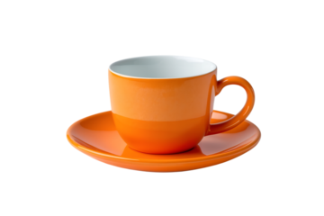 Orange ceramic cup and saucer isolated on transparent background