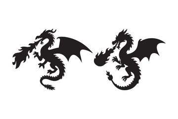 Two black silhouette dragons breathing fire against white background