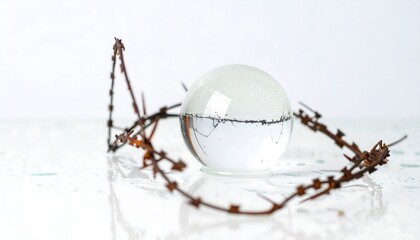 Crystal sphere with rusty barbed wire