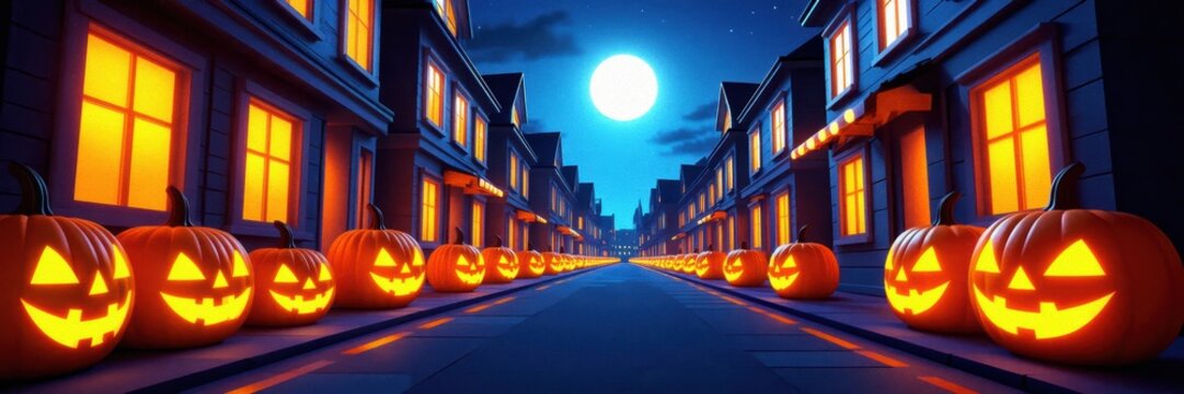 A spooky halloween night scene featuring glowing jack-o'-lanterns lining a dimly lit street under a full moon, creating an enchanting festive atmosphere.