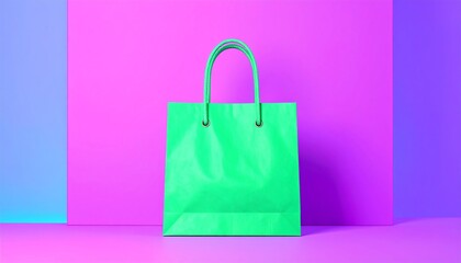 Vibrant green shopping bag stands against a colorful pastel backdrop in a studio