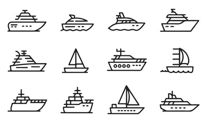 Minimalistic icons of yachts, sailboats, and ships for maritime projects