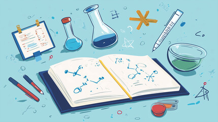 Opened science notebook with sketches and laboratory equipment on table  