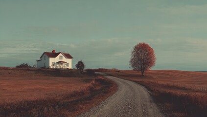 Serene Countryside Landscape Featuring a White Farmhouse, an Autumnal Tree, and a Winding Gravel Road
