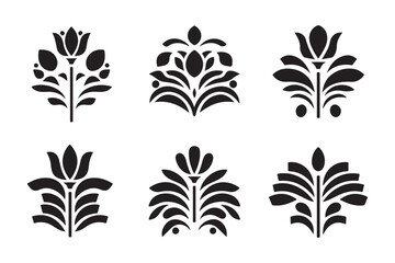 Six black floral silhouettes in a grid pattern