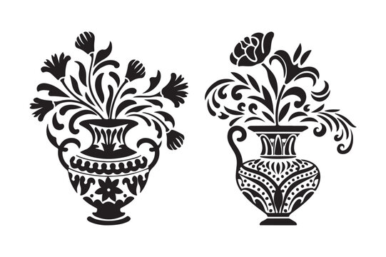 Intricate black and white floral vases silhouette design