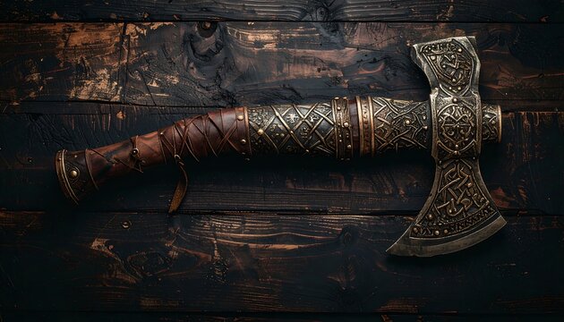 Antique axe on dark wooden planks