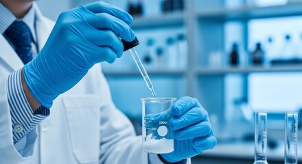 Fototapeta premium Scientist in White Lab Coat Using Dropper in Modern Laboratory