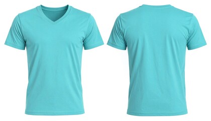 Turquoise t shirt displayed on white background front and back view
