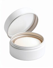 Silver Round Jar with Open Lid and White Sponge on White Background