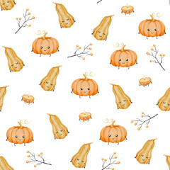 Seamless pattern with cute watercolor pumpkins, candles, branches and berries on transparent. Autumn harvest design perfect for fabric, textile, wrapping paper, wallpaper, stationery, decoration.