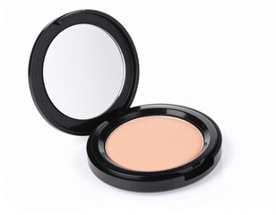 Beige Face Powder in Black Compact Case with Mirror on Clean White Background