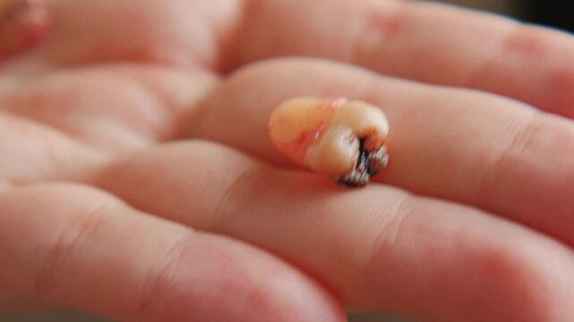 A close-up of a extracted human tooth lying in the palm of your hand. Detailed view of the root, caries and discoloration. Wisdom tooth extraction
