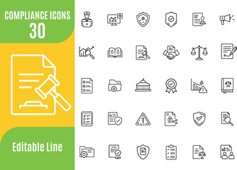 Compliance editable icon set. Clipboard, checklist, report, survey or agreement editable stroke outline icons.
