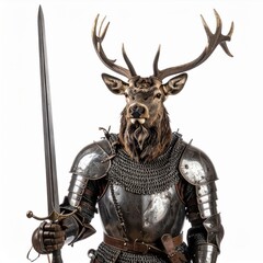 Fototapeta premium Deer Headed Knight in Shining Armor Holding Sword in a White Background