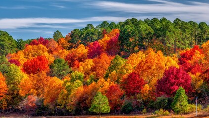 A vibrant autumn landscape showcases a hillside covered in colorful trees with brilliant oranges, reds, and yellows, beneath a partly cloudy sky.