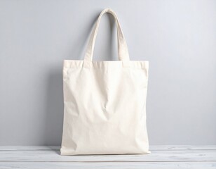 Beige Canvas Tote Bag Leaning Against Gray Wall on White Wooden Surface