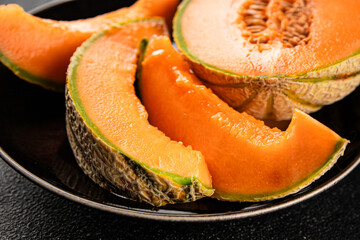 Melon Charente ripe sweet fruit tasty snack fresh delicious gourmet food background on the table rustic food top view copy space keto and paleo diet vegan and vegetarian food