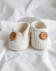 Pair of Cream Knitted Baby Booties with Wooden Buttons on White Fabric Background