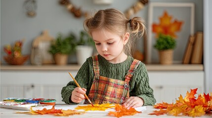 Little girl in green sweater painting autumn leaves with brush at home table during creative seasonal activity