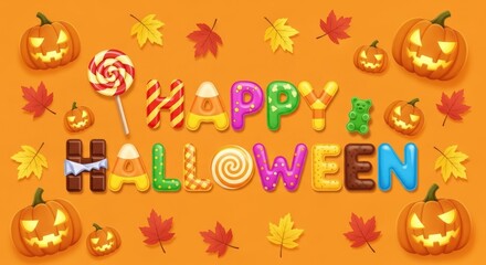 Fototapeta premium Celebrate Halloween with colorful candy letters, pumpkins, and autumn leaves