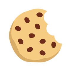Bitten chocolate chip cookie icon. Delicious biscuit in flat style. Dessert bite with crumbs and chocolate sweetness. Cookie symbol. Simple vector illustration isolated on white background.