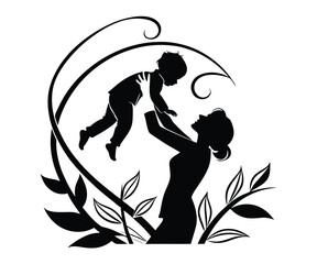 Floral Silhouette of Mother Lifting Child