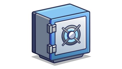 Blue isometric safe icon with a circular dial