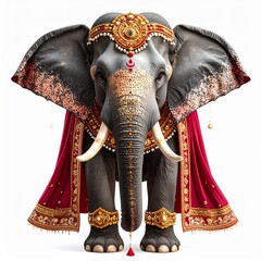Naklejka premium Decorated Gray Elephant Adorned with Ornate Fabric and Jewelery on White Background