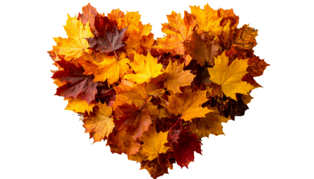 Pile of autumn maple leaves arranged in heart shape isolated on transparent background
