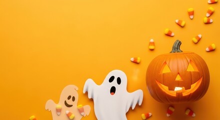 Spooky Halloween vibes featuring smiling pumpkin, playful ghosts, and sweet candy corn