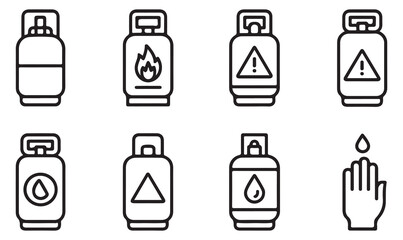 Set of gas cylinder icons depicting fire, toxic, and corrosion hazards for industrial safety.