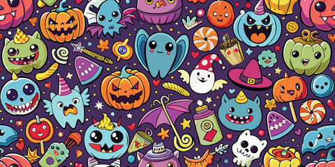 Candy Monster Mash, seamless candy, monsters, lollipops, glowing pumpkins, bats, spooky party, pattern