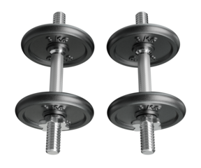 Pair of black adjustable dumbbells, weightlifting gym equipment, side view. Png clipart isolated on transparent background