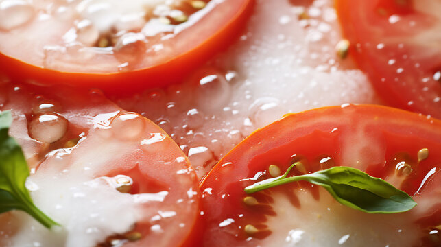 Macro detail of a deconstructed caprese salad showcasing tomato water gelee and - Powered by Adobe