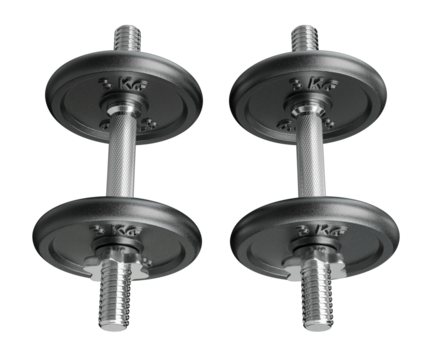 Pair of black adjustable dumbbells, weightlifting gym equipment, side view. Png clipart isolated on transparent background