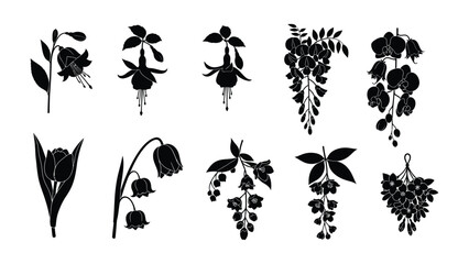Blooming Garden Silhouettes: A stunning display of floral silhouettes, showcasing a variety of elegant blossoms in bold black and white, perfect for adding a touch of natural beauty.