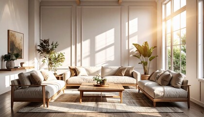 Elegant Interior Design with Cozy Sofas, Sunlight, and Natural Elements in a Bright Living Room