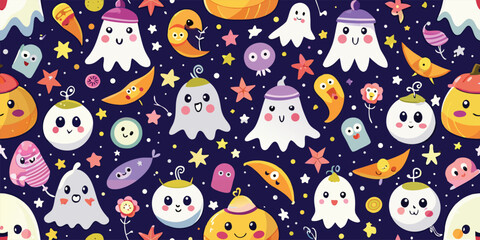 Naklejka premium Spirited Ghost Parade, Pattern, Cute floating ghosts, candy stars, moons, whimsical seamless Halloween pattern design, Seamless pattern
