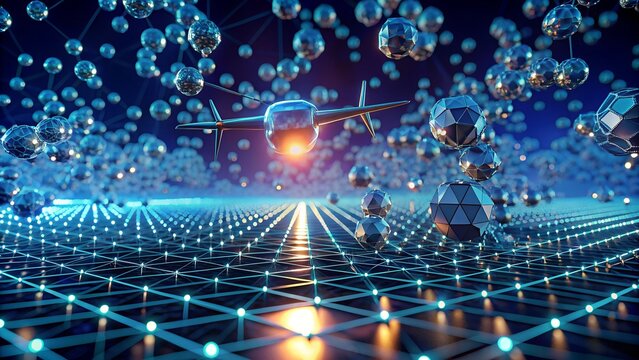 Futuristic Airplane Flying Over a Glowing Grid with Abstract Spheres in a Digital World