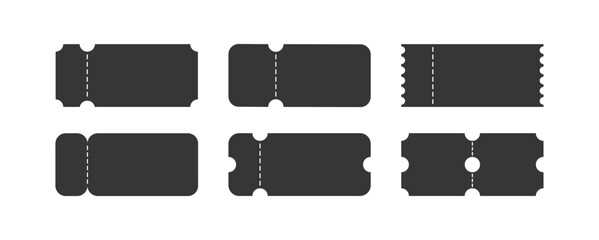 set of empty geometric ticket mock up vintage labels, black vector coupon sticker shapes element for sale, movie concert silhouette tickets event template icons