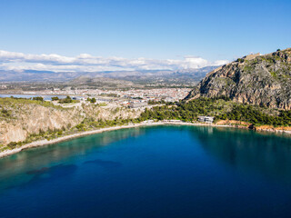 Aerial Mediterranean Sea beach and cliffs nature landscape winter sunny day in Nafplio Greece