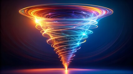 Abstract Energy Tornado with Swirling Light Trails in Blue and Orange Colors on Dark Background