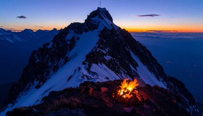 A solitary mountaintop campfire against a stunning alpine dawn horizon scene