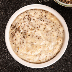 Chia pudding fruit puree tasty snack fresh delicious gourmet food background on the table rustic food top view copy space keto and paleo diet vegan and vegetarian food