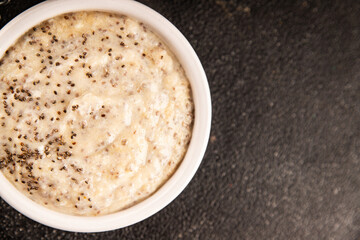 Chia pudding fruit puree tasty snack fresh delicious gourmet food background on the table rustic food top view copy space keto and paleo diet vegan and vegetarian food