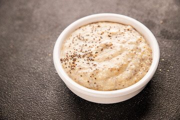 Chia pudding fruit puree tasty snack fresh delicious gourmet food background on the table rustic food top view copy space keto and paleo diet vegan and vegetarian food